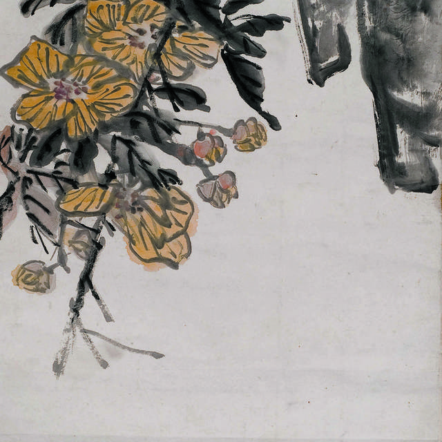 黄色花朵山石中式装饰画
