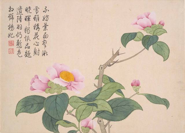粉色花枝题字古典装饰画