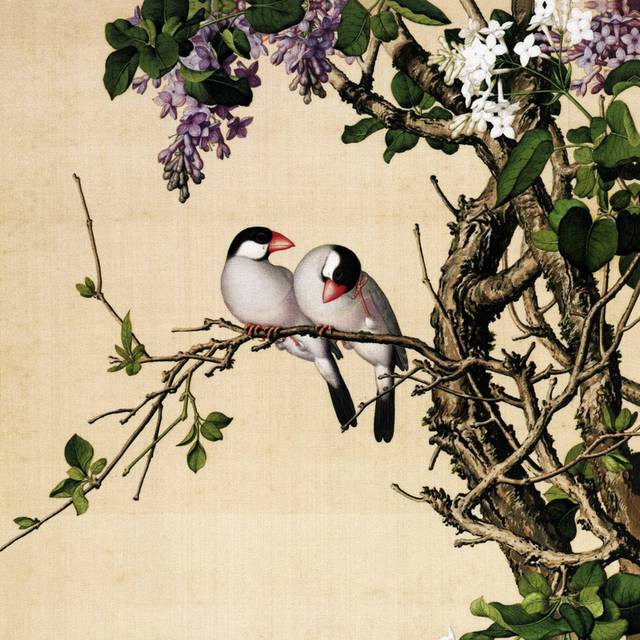 紫白丁香小鸟中式装饰画