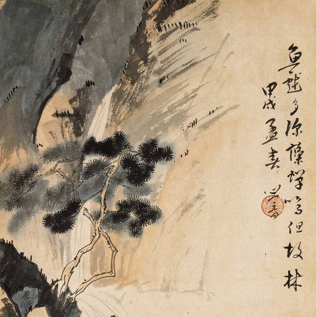山石松树中式装饰画
