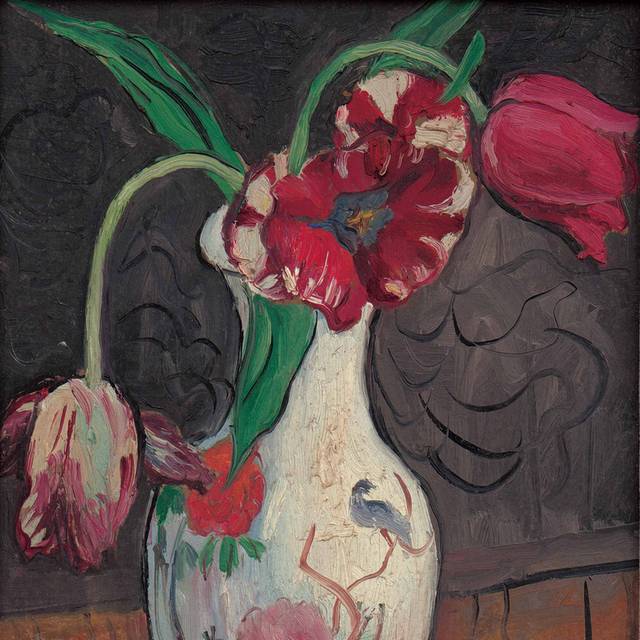 粉彩瓷瓶和郁金香油画装饰画