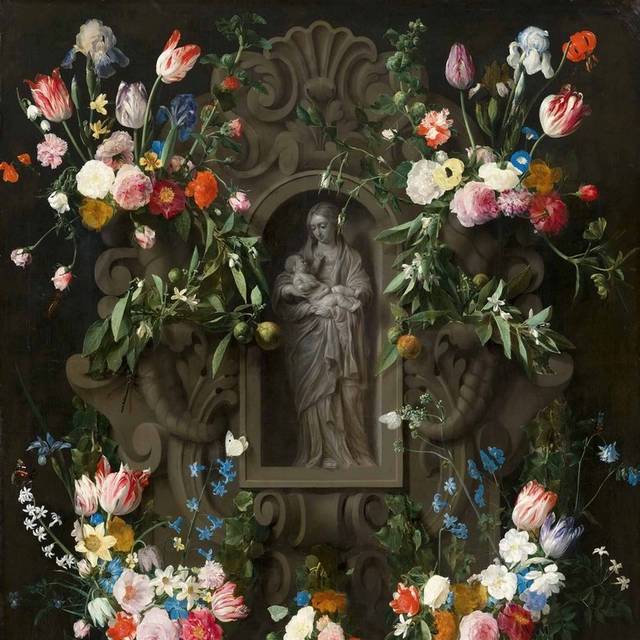 围绕着圣母玛利亚雕像的花环油画素材