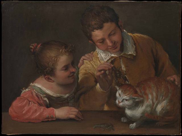 两个逗弄猫的孩子油画无框画