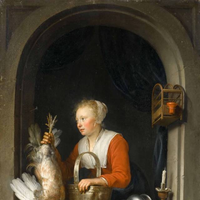 在窗户上挂公鸡的女人油画装饰画