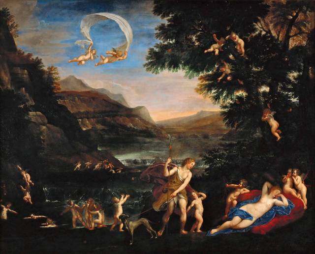 维纳斯和阿多尼斯由丘比特领导油画装饰画