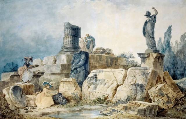 两个年轻女人画罗马的废墟油画素材