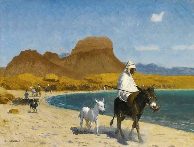 河边骑驴油画装饰画