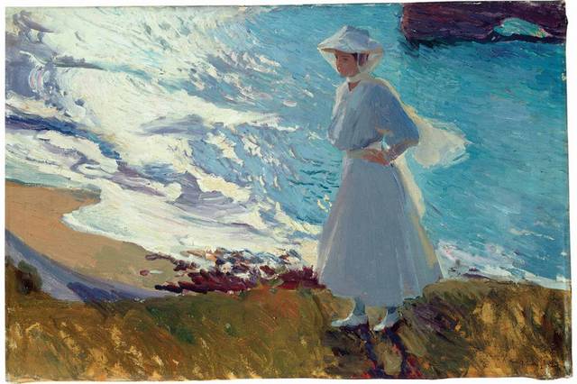 海边带着纱帽的女人装饰画
