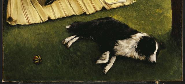 草地上休息的女人和狗油画装饰画