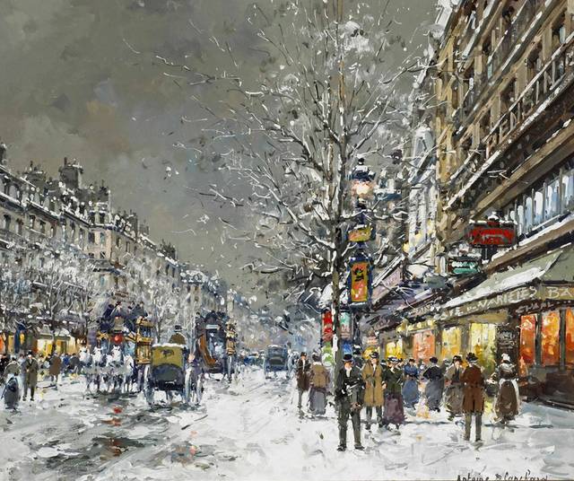 落雪的街道油画装饰画