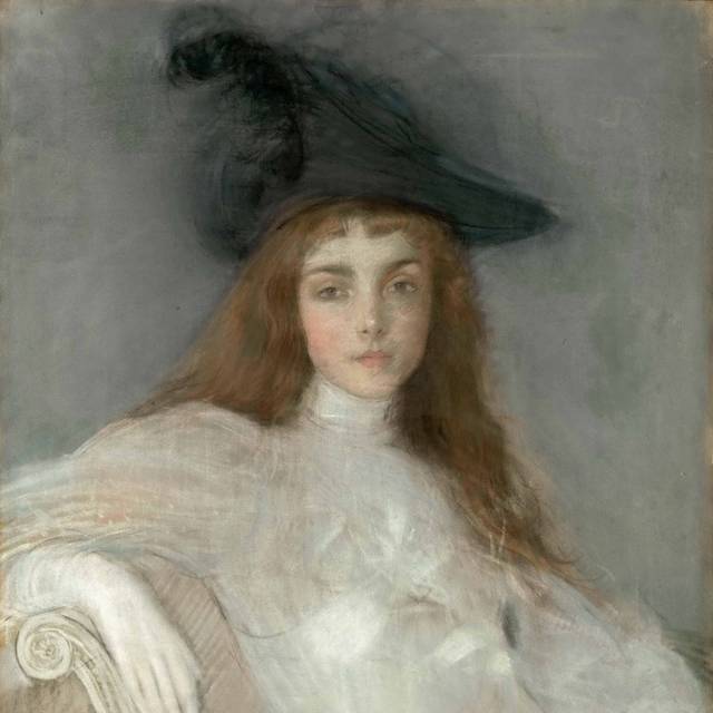 一个戴黑帽子的年轻女孩的肖像油画素材