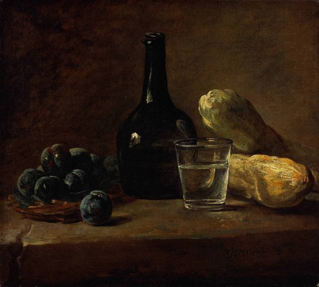 酒瓶和水果油画素材