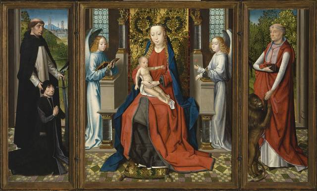 圣母和天使三联画油画素材