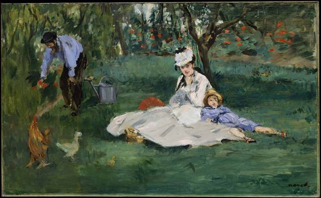 躺在草地上的女人和孩子油画素材
