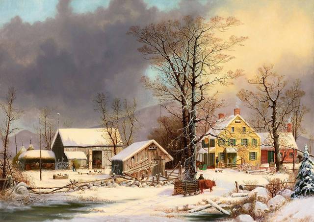 冬季的村庄油画素材