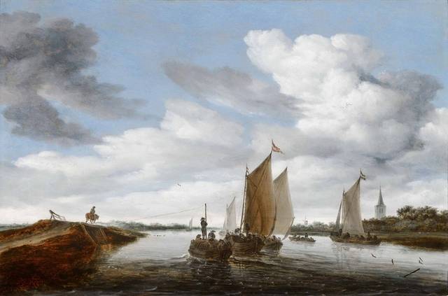 有帆船和马拉驳船的河流景观油画素材