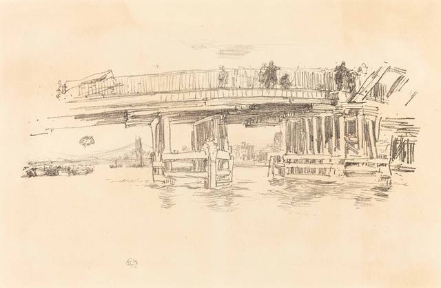 木桥上的行人素描装饰画