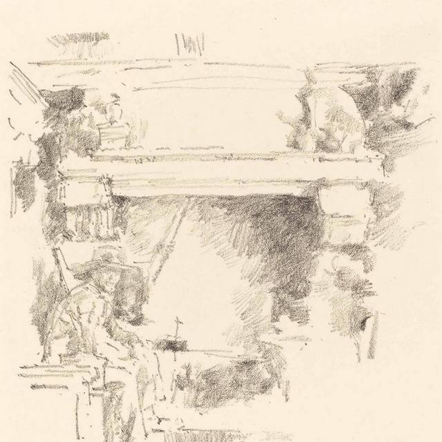 坐在廊下的男人素描装饰画