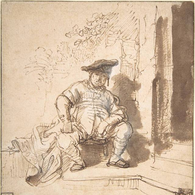 戴着扁帽的坐着的男人素描画