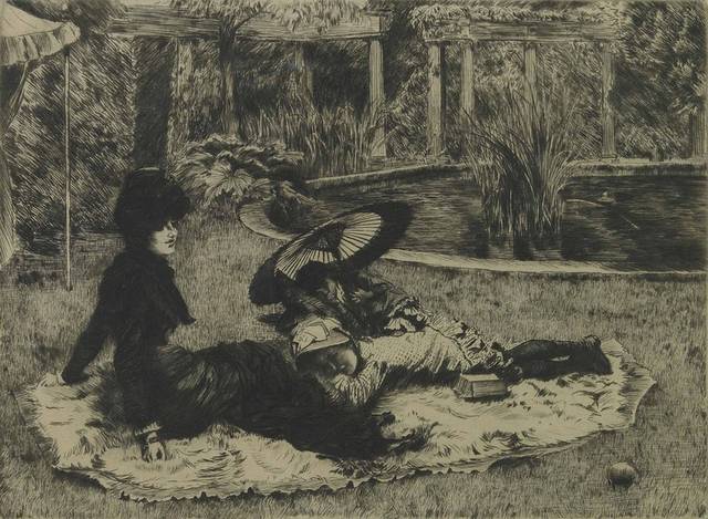 花园休息的女人素描装饰画