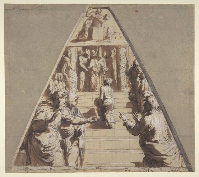 在庙里介绍圣母素描画