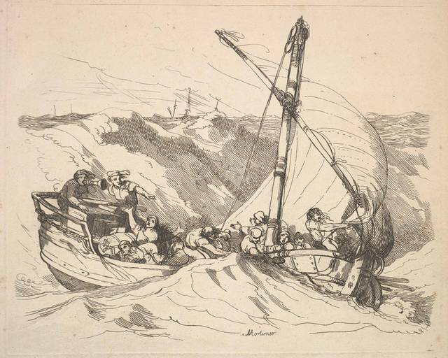 风浪中的帆船素描画
