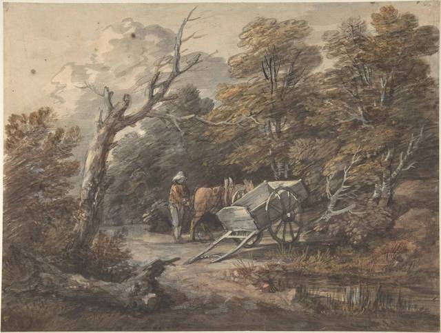 一个农民在林地里的场景素描画