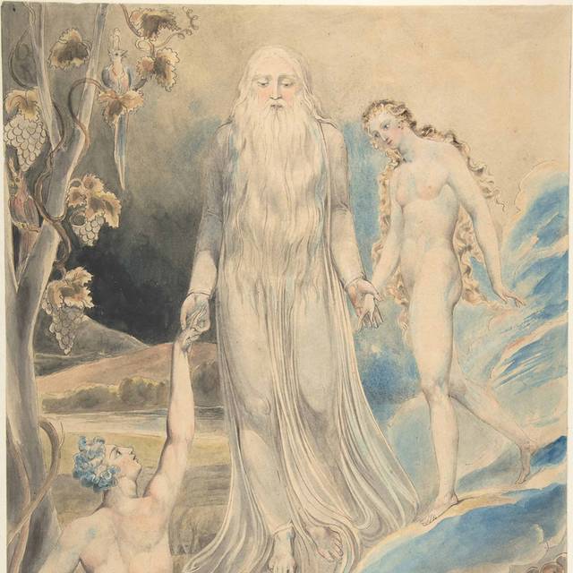 神圣存在的天使将夏娃带给亚当素描画