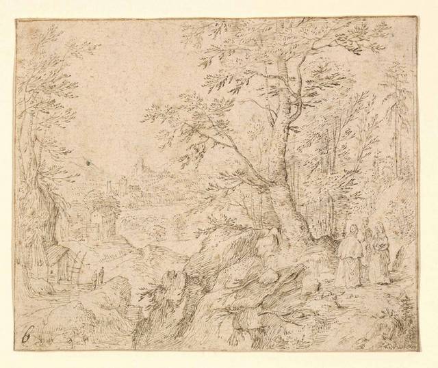崎岖的树木繁茂的河流景观素描画