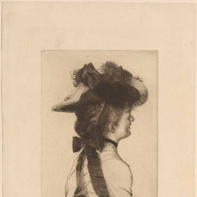 戴帽子的女人侧脸素描装饰画