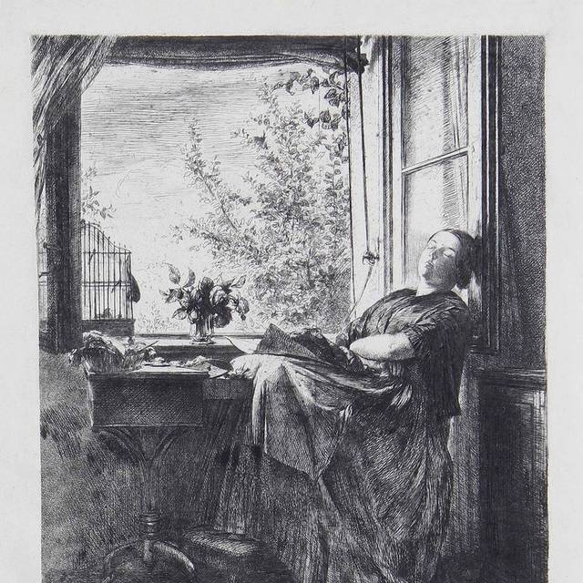睡在窗台边的女人素描画