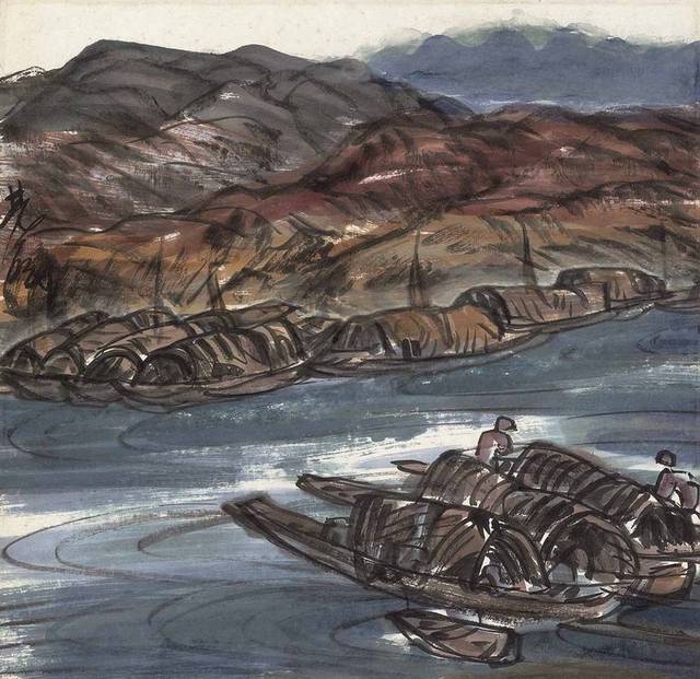 河边小舟中式装饰画
