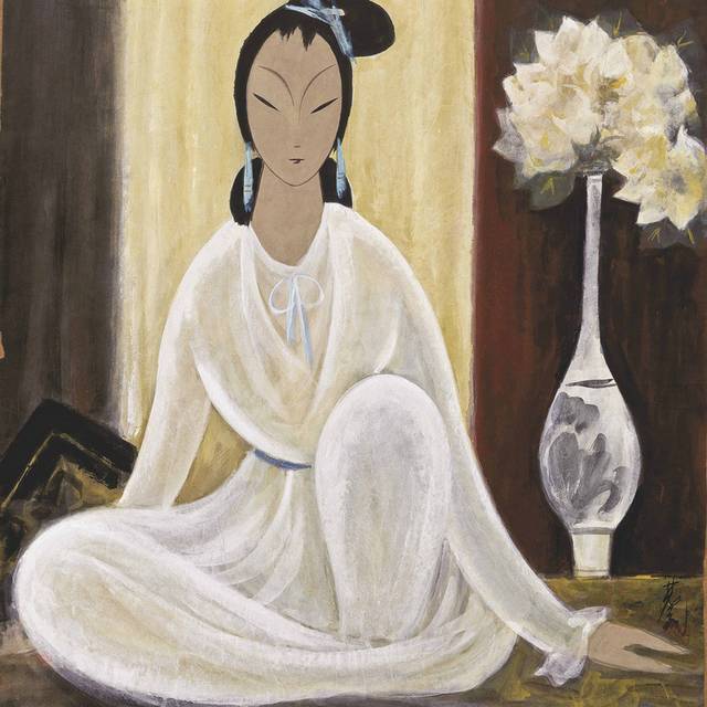 白色花瓶旁的女人中式装饰画