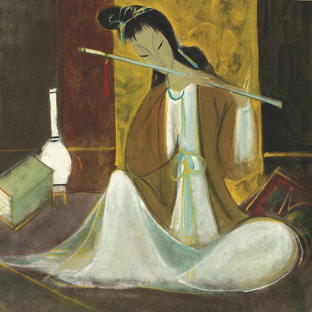 吹笛子的女子中式装饰画