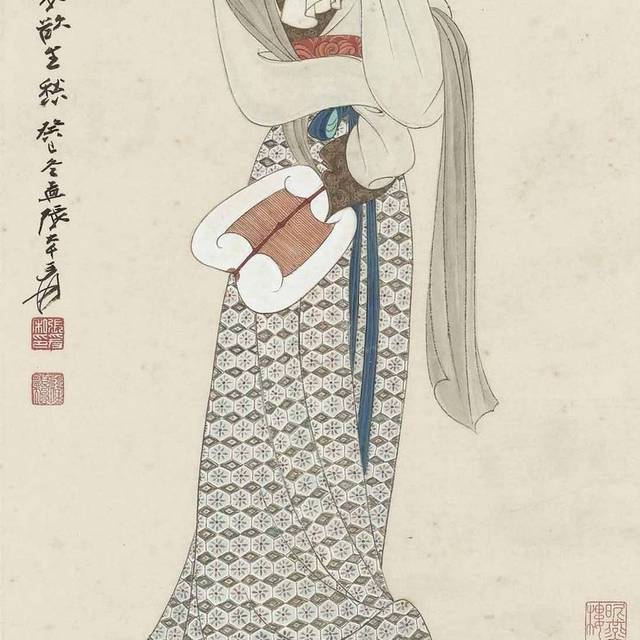 拿着蒲扇的女人古典装饰画