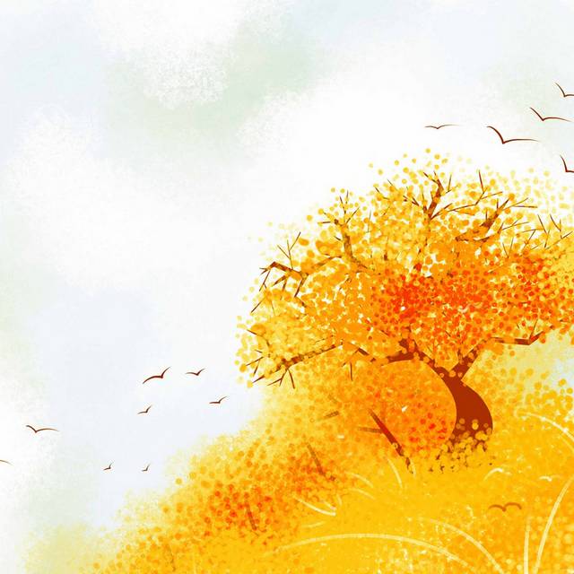 秋季金黄树叶手绘素材1