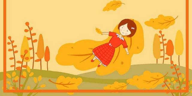 秋叶上的女孩手绘秋季素材