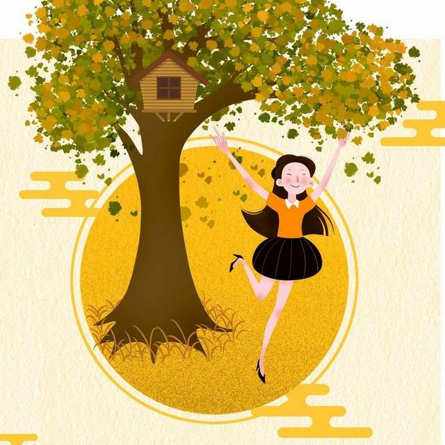 手绘秋天树木与少女素材