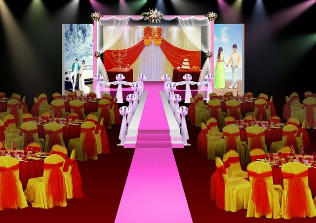 粉色舞台红色飘带婚礼背景