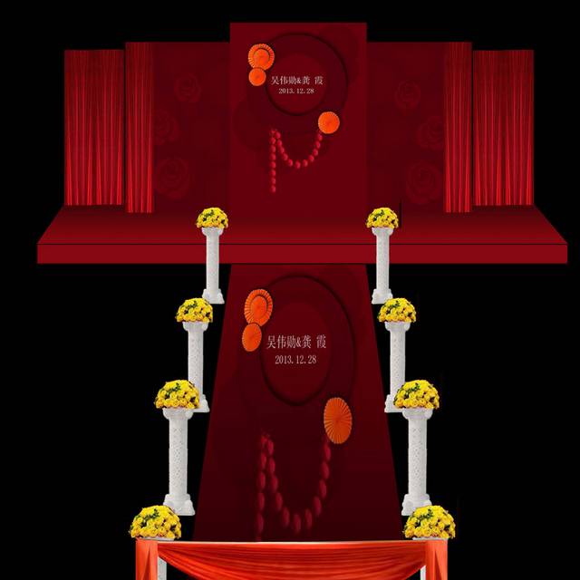 红色中式复古婚礼舞台背景