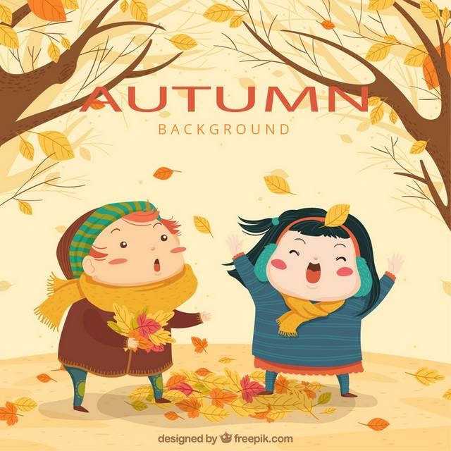 两个孩子与落叶秋季素材