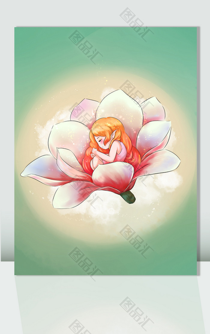睡在花朵里的卡通小女孩春天插画