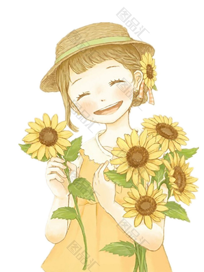 抱着向日葵的女孩手绘图片