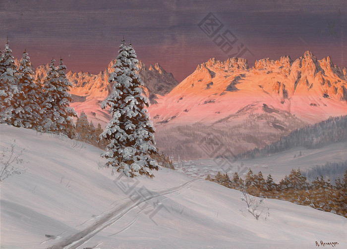 雪中山道风景油画
