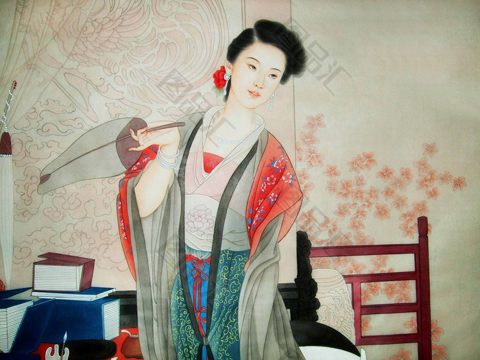 拿扇子古代女子工笔装饰画 图品汇