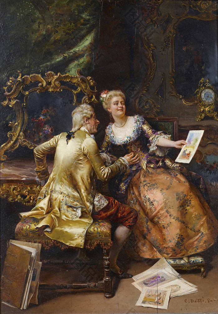 欣赏画作的贵族欧洲宫廷油画
