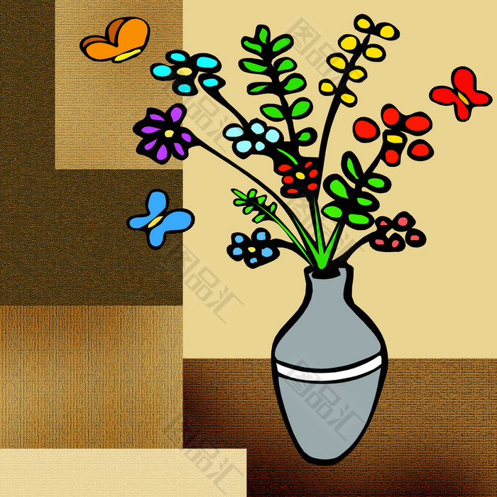 手绘卡通花瓶花卉装饰画 图品汇