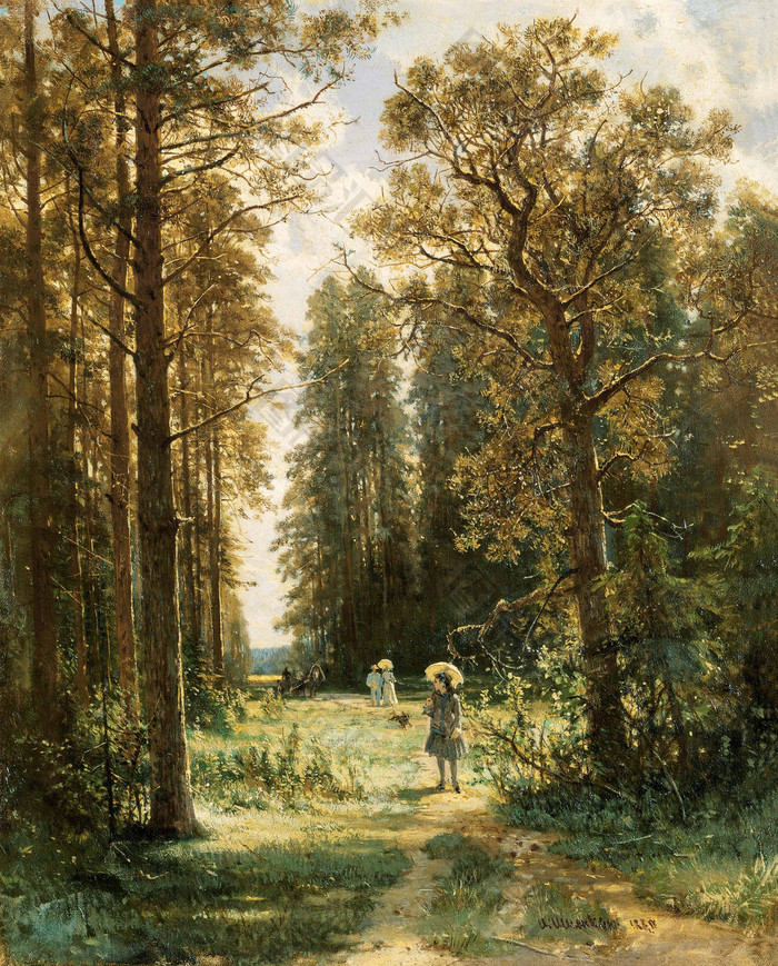 图品汇优选并提供下载,该作品主要内容是林中散步的人风景油画装饰画