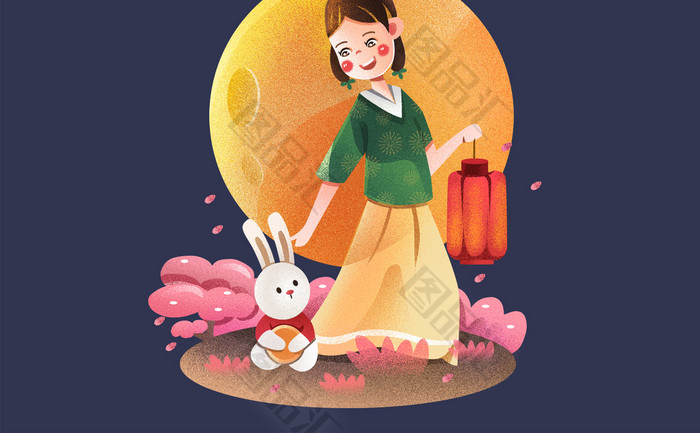 手绘中秋节提灯女生和小兔子 图品汇