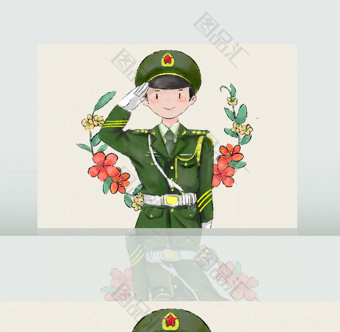 手绘解放军军人敬礼插画